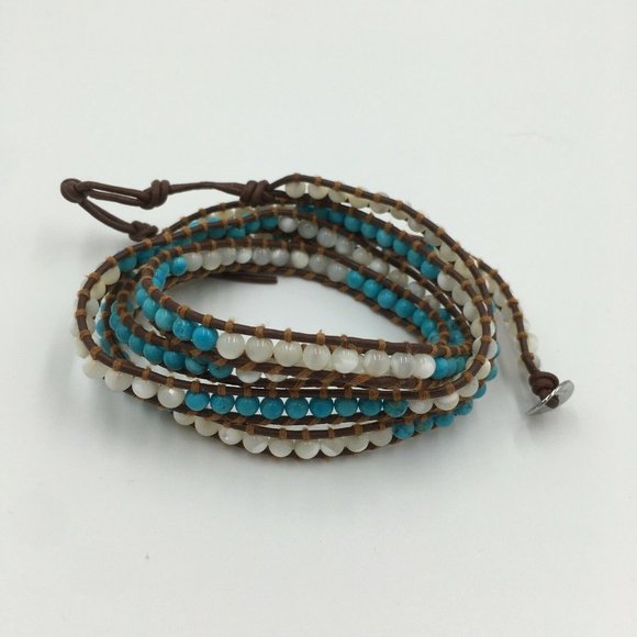 VICTORIA EMERSON Turquoise & Pearl Brown Leather WRAP BRACELET, RETIRED, NEW - Picture 1 of 2